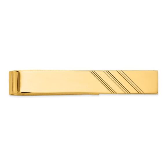 14K Yellow Gold Polished & Diagonal Stripe Tie Bar, 8 x 50mm - Picture 1 of 4